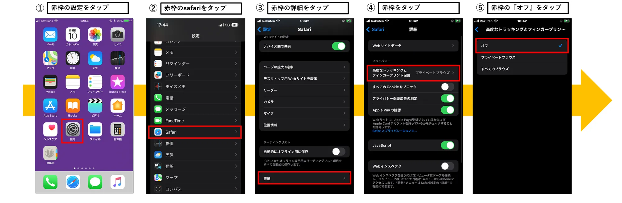 方法２．お使いのiPhone、iPad端末の「高度なトラッキングとフィンガープリント保護」で「プライベートブラウズ」から「オフ」にする